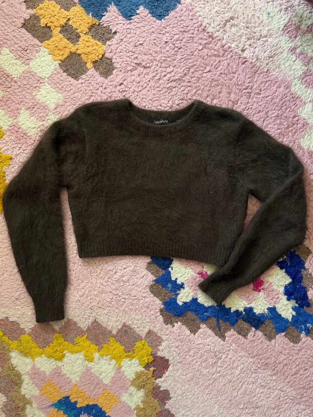 Vintage Tahari Cropped Mohair-Blend Sweater in Dark Brown